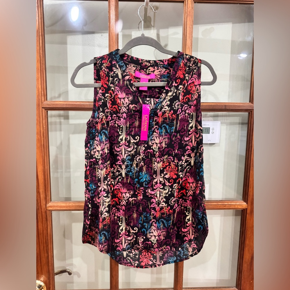 NWT Catherine Malandrino Sleeveless Blouse V-Neck Tunic Floral w Gold Sparkle